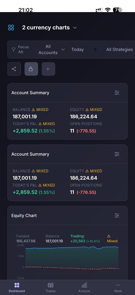 PortQuant mobile dashboard — 2 currency charts board on iPhone with global focus filters, two Account Summary widgets showing balance / equity / today's P&L / open positions, an Equity Chart widget below, and a bottom tab bar for Dashboard / Trades / Analyze / More.