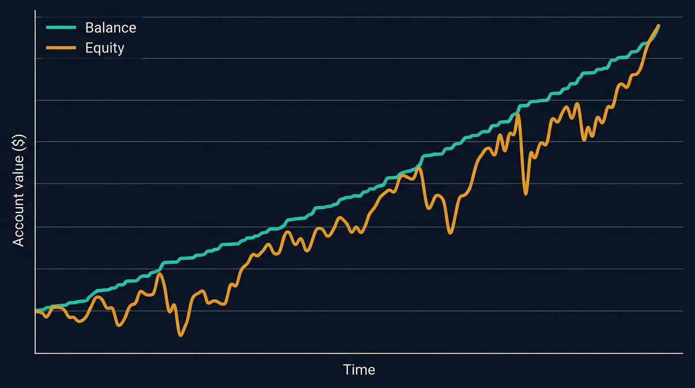 Two equity curves from the same trade sequence on a dark chart — a smooth teal 'Balance' line stepping upward, and an amber 'Equity' line following the same overall path but dipping sharply between trades. Both end at the same point.