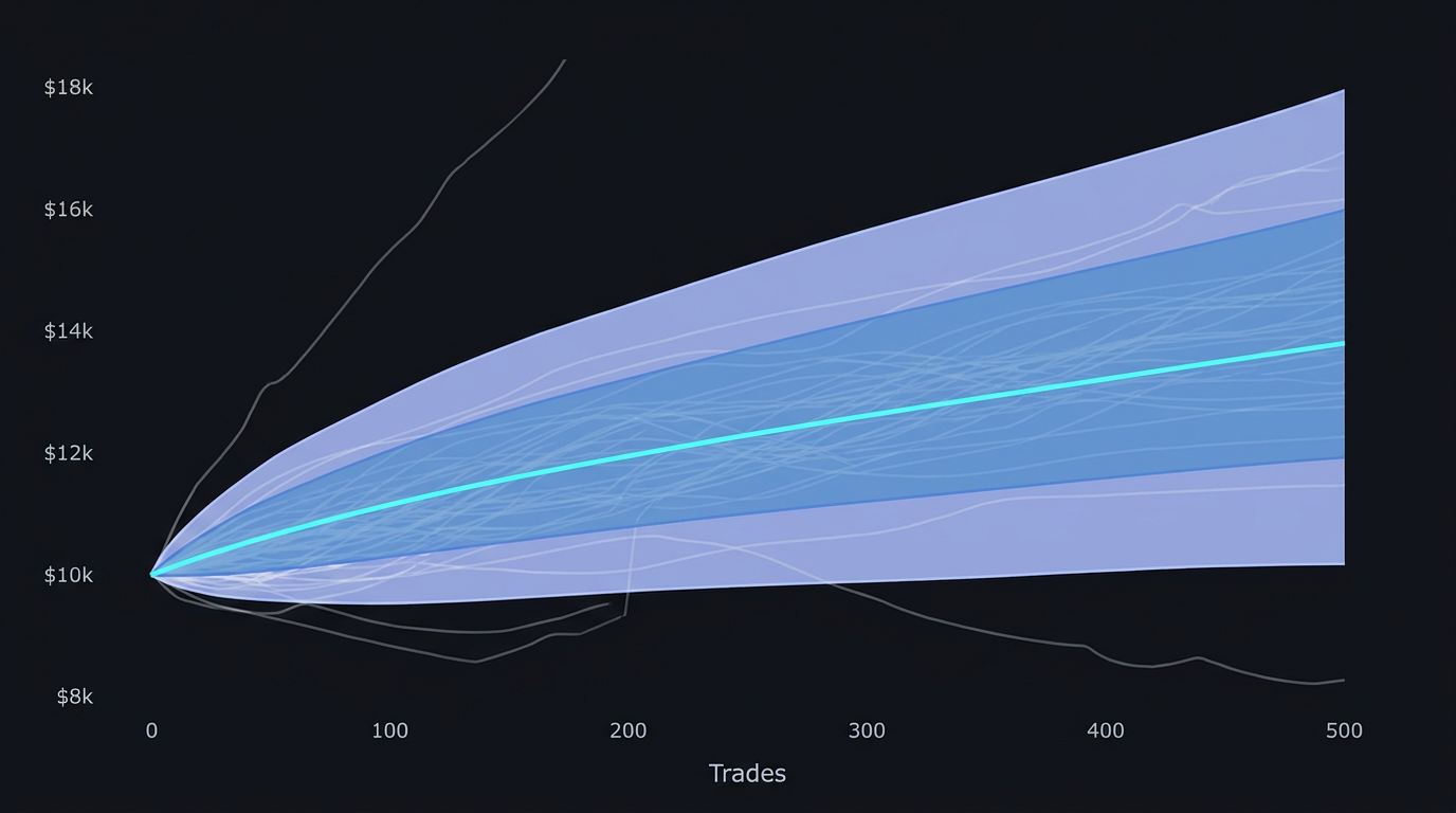 Monte Carlo simulation fan chart showing thousands of possible equity paths spreading from a single starting point