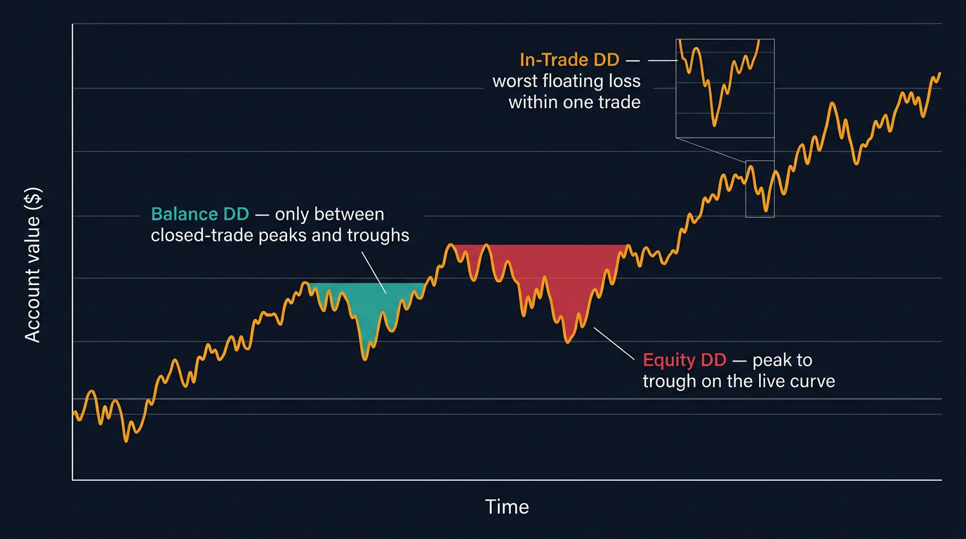 A single amber equity curve with three drawdowns annotated: a shallow teal shaded region labelled 'Balance DD — only between closed-trade peaks and troughs', a deeper red shaded region labelled 'Equity DD — peak to trough on the live curve', and a zoomed callout on a single-trade dip labelled 'In-Trade DD — worst floating loss within one trade'.
