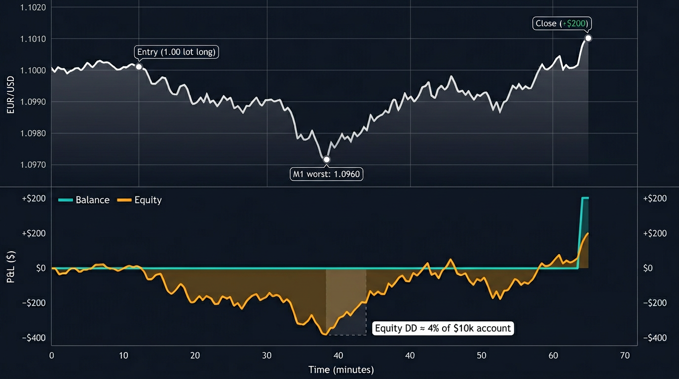 A two-panel chart of a single EUR/USD trade. Top panel: price enters at 1.1000, dips to 1.0960 on an M1 candle, recovers and closes at 1.1020. Bottom panel: the Balance line in teal stays flat at $0 through the whole trade, then steps up to +$200 at close. The Equity line in amber dips to −$400 at the M1 worst, then recovers to +$200. A shaded region labels 'Equity DD ≈ 4% of $10k account'.